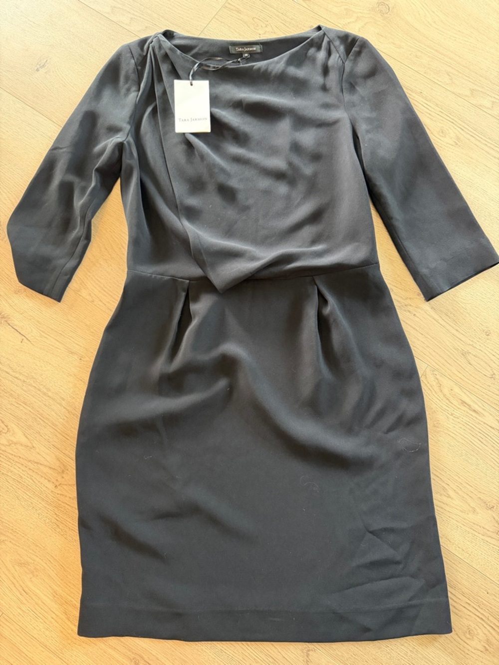 NWT Tara Jarmon Black Draped Sheath Dress with Three-Quarter Sleeves